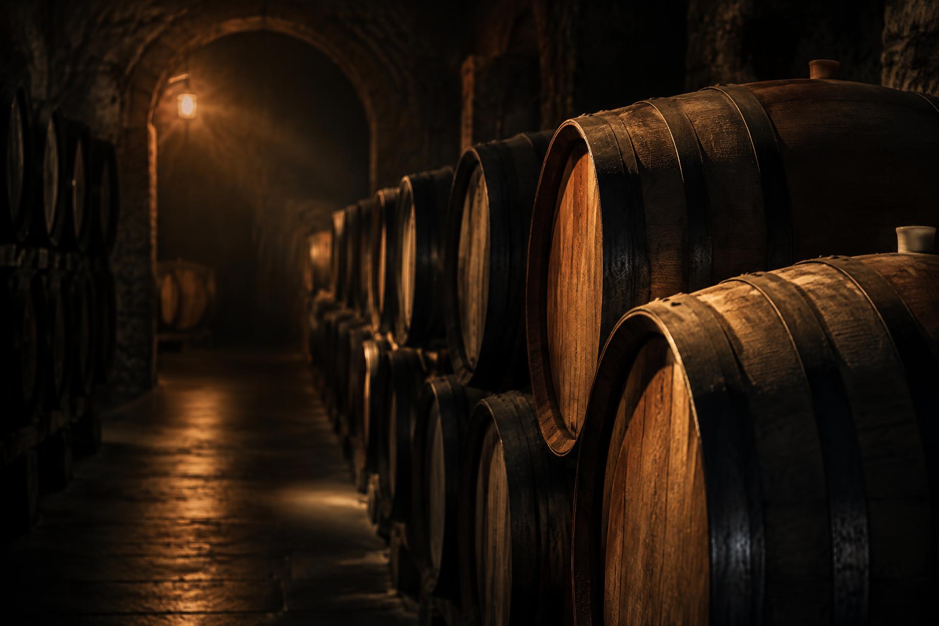 Oak barrels in a dark wine cellar